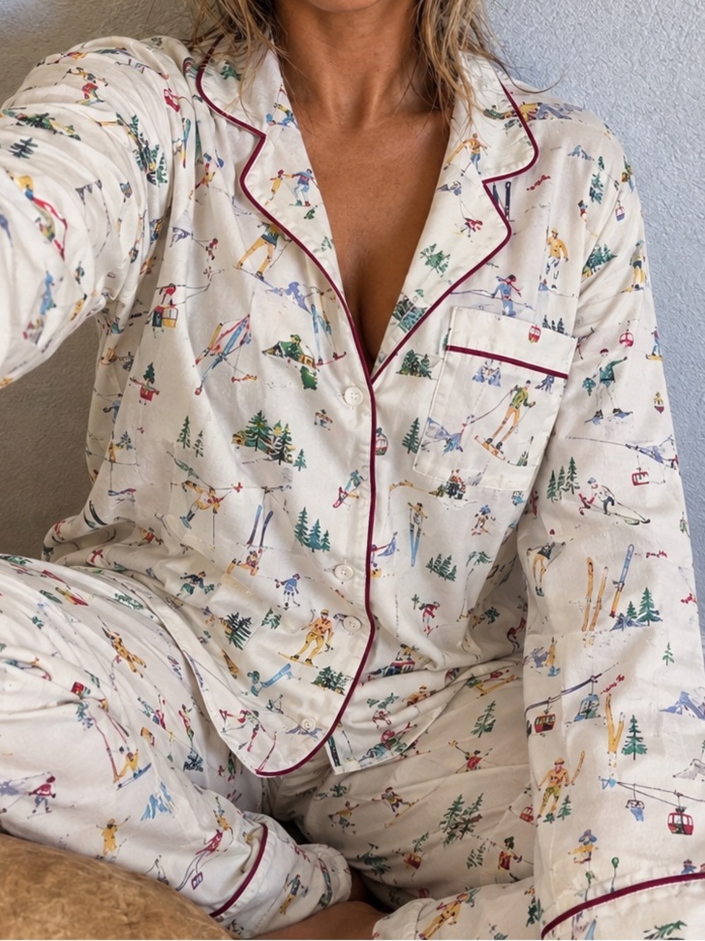 Polo by Ralph Lauren Cream Multi-Color Printed Pajama Set skiing/Christmas